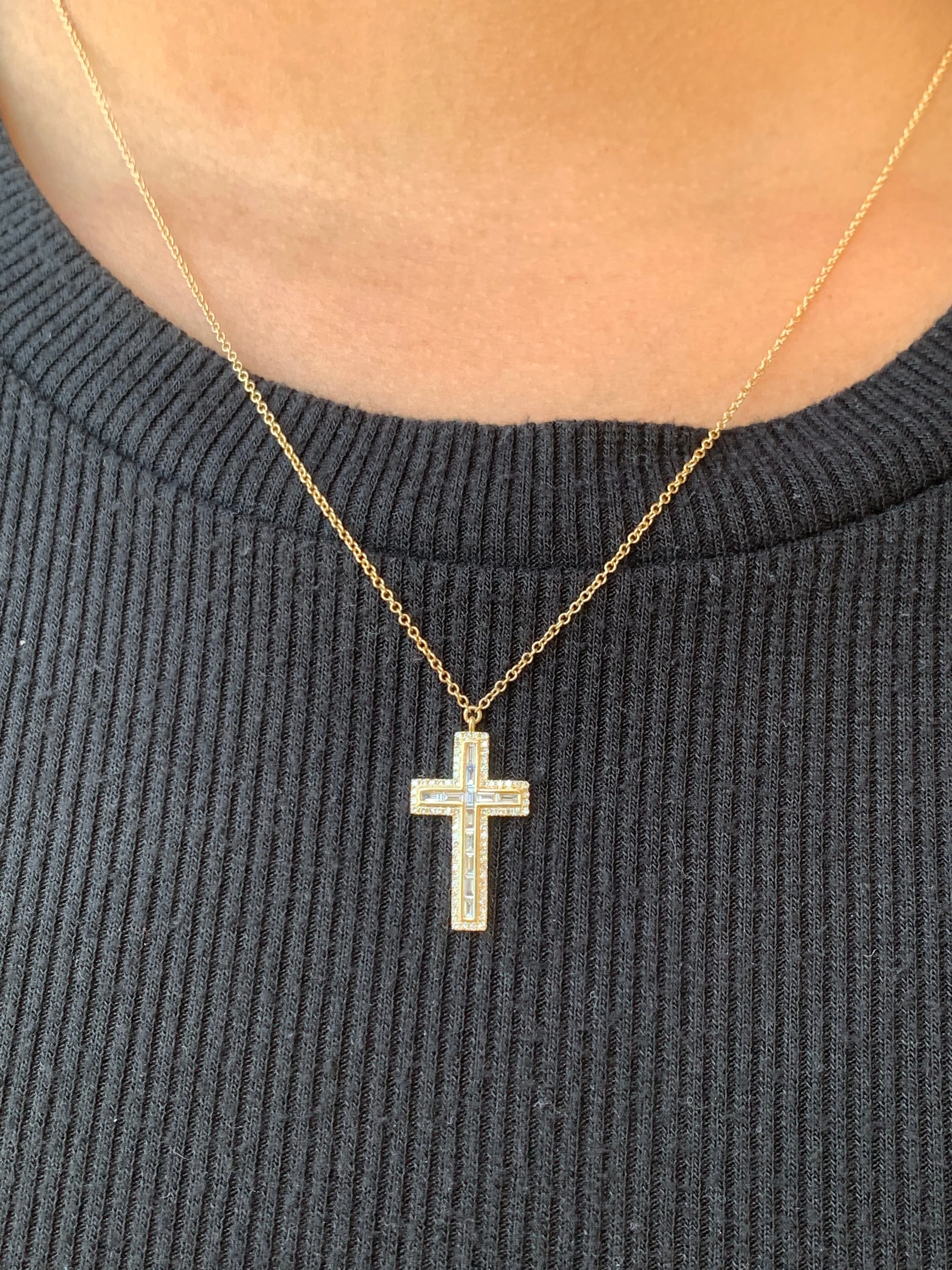 14k Gold Baguette Cross Channel Set Diamond Necklace