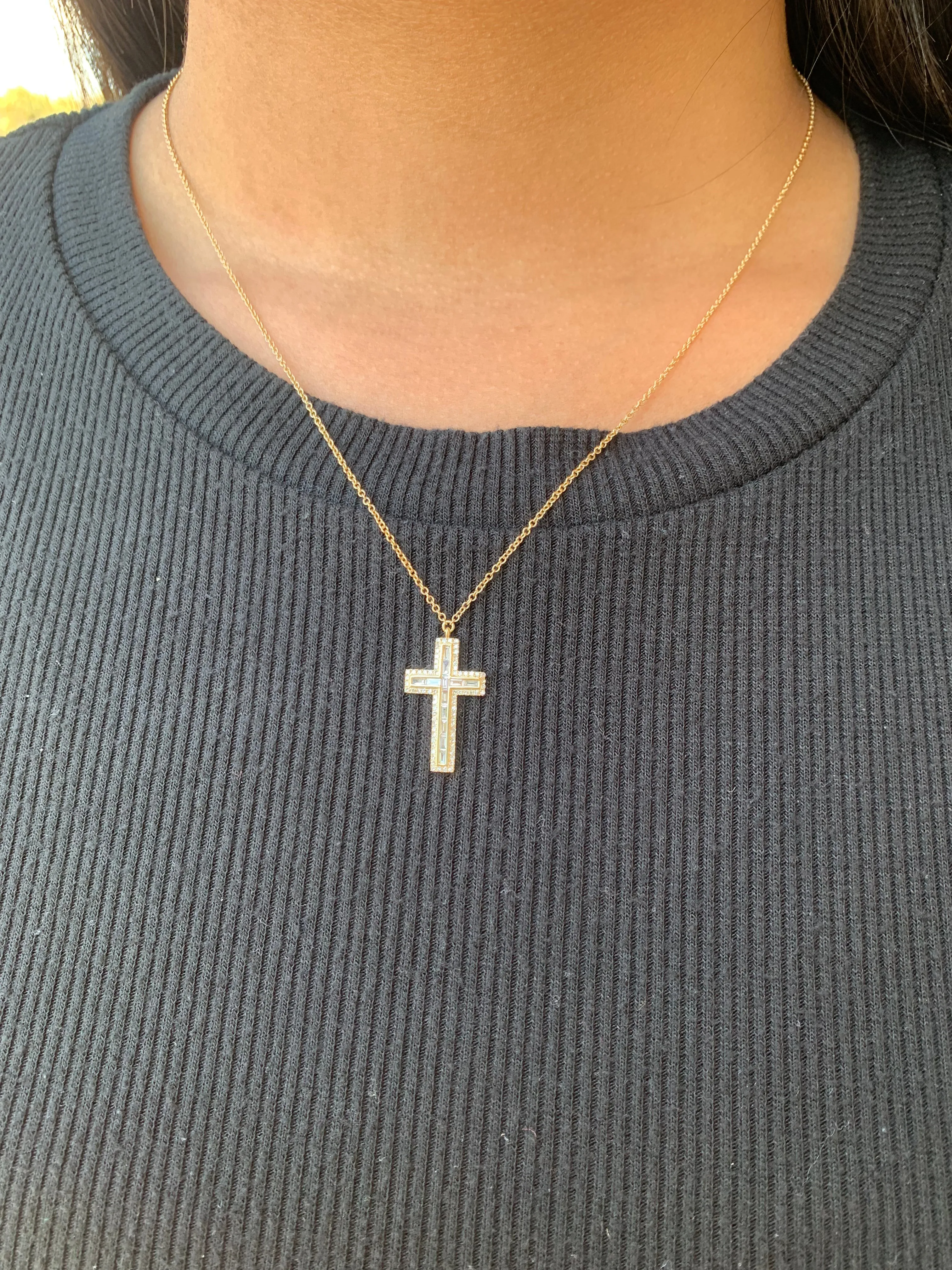 14k Gold Baguette Cross Channel Set Diamond Necklace