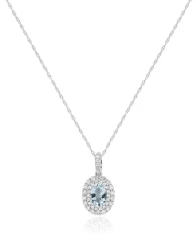 14K White Gold Aquamarine and Diamond Halo Pendant Necklace