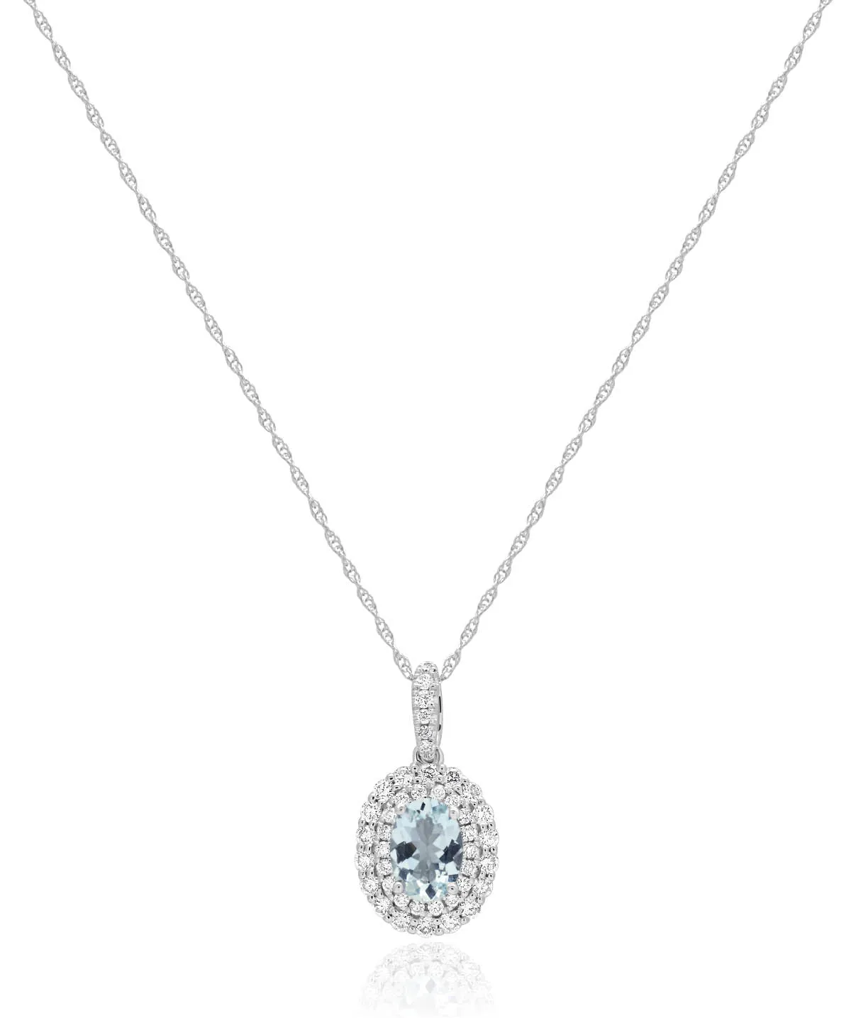 14K White Gold Aquamarine and Diamond Halo Pendant Necklace