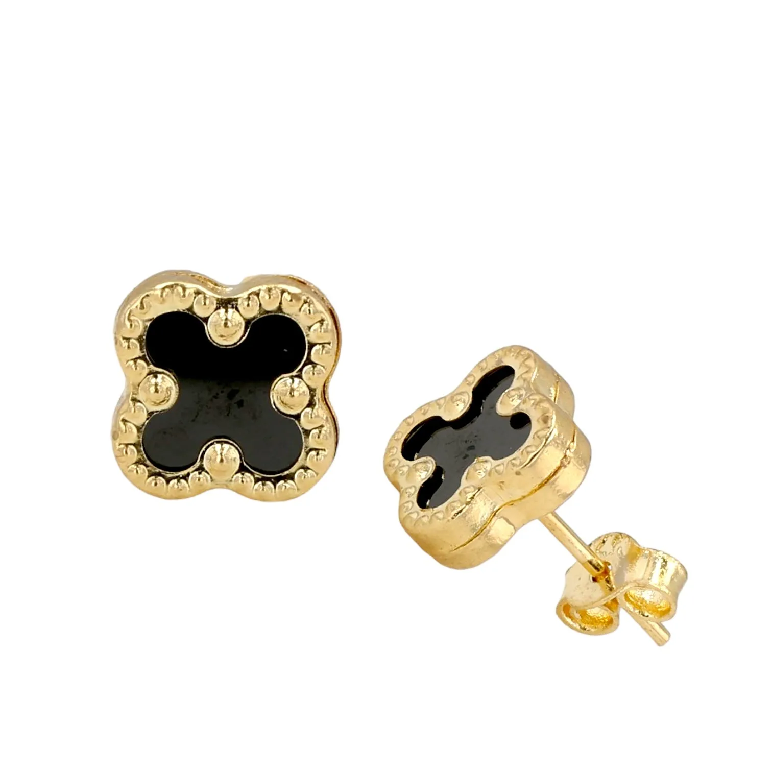 14K Yellow gold black clover stud earrings-63939