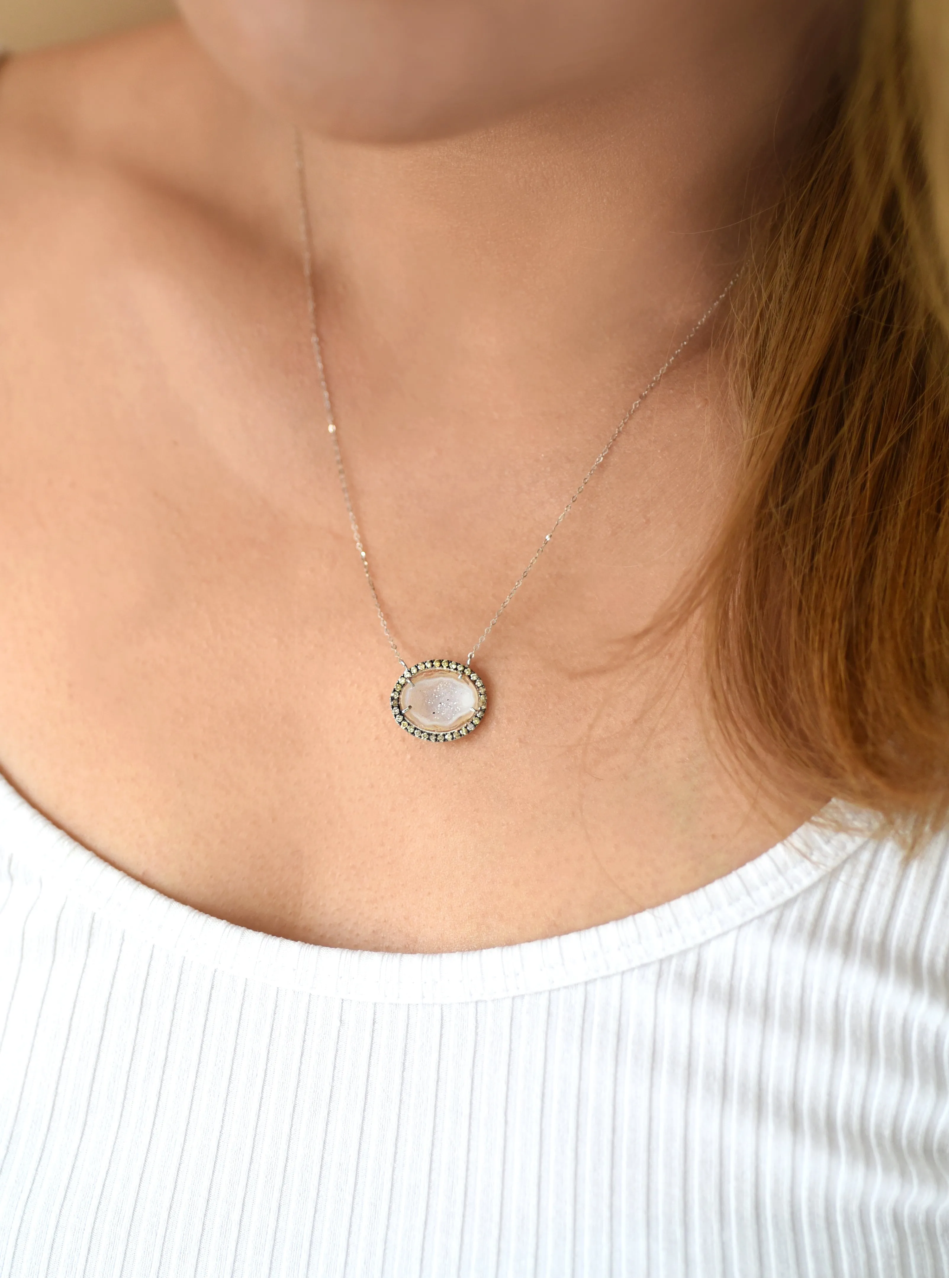 18K  White Gold Geode Necklace with Pave champagne color Diamond