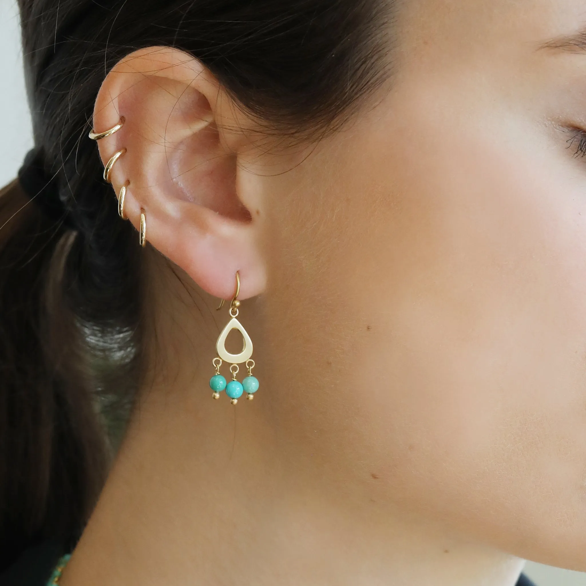 20K Gold Small Teardrop Earrings with Dangling Turquoise