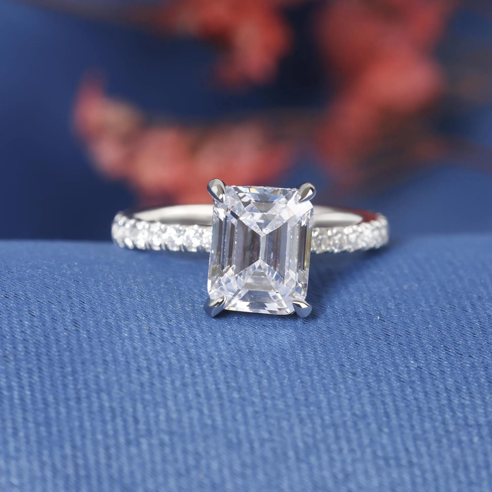 2Pcs Emerald cut engagement ring White gold cluster engagement ring women