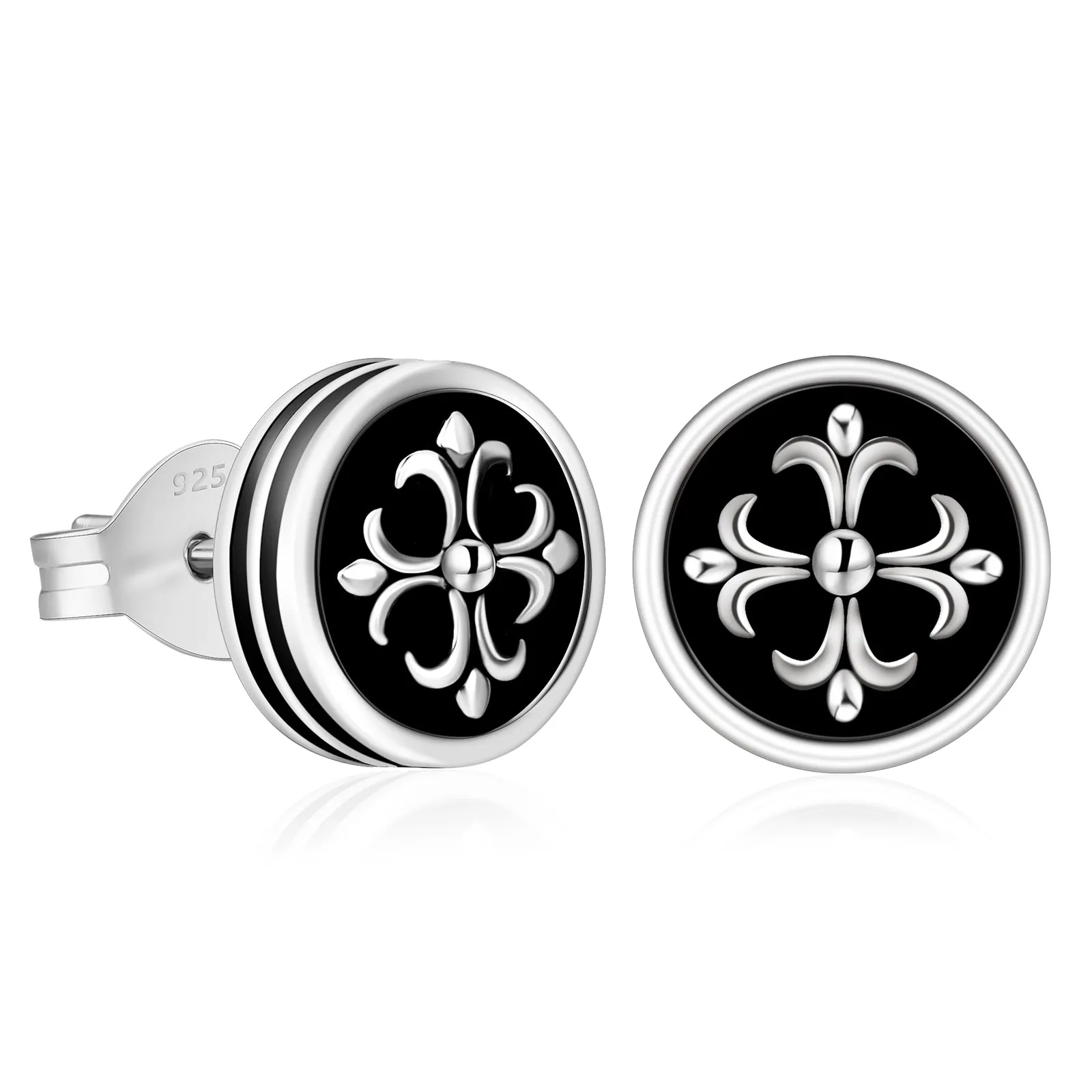 9mm Cross Fleur de lis Round Stud Earrings for Men