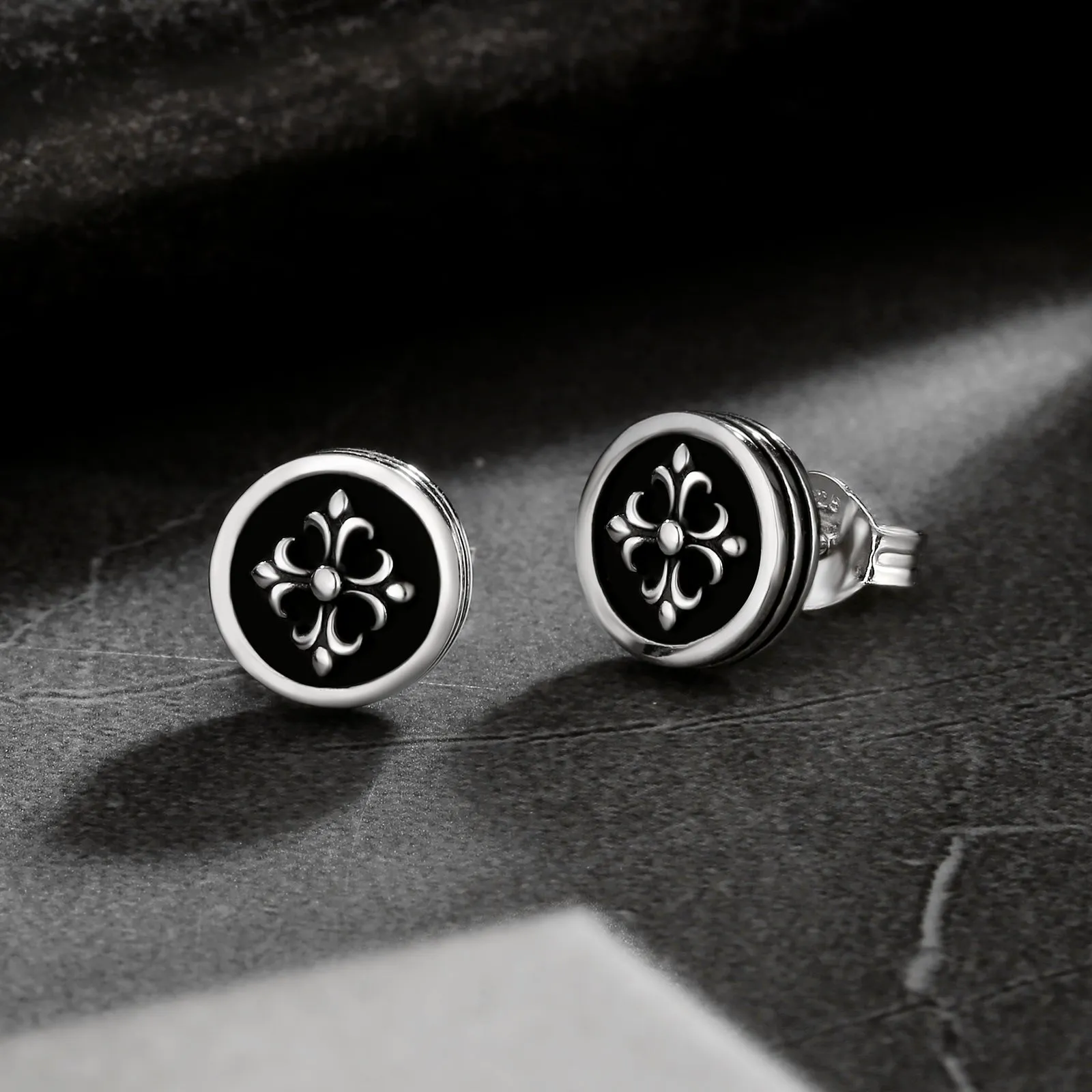 9mm Cross Fleur de lis Round Stud Earrings for Men