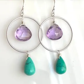 Amethyst and Tibetan Turquoise Hoop Earrings