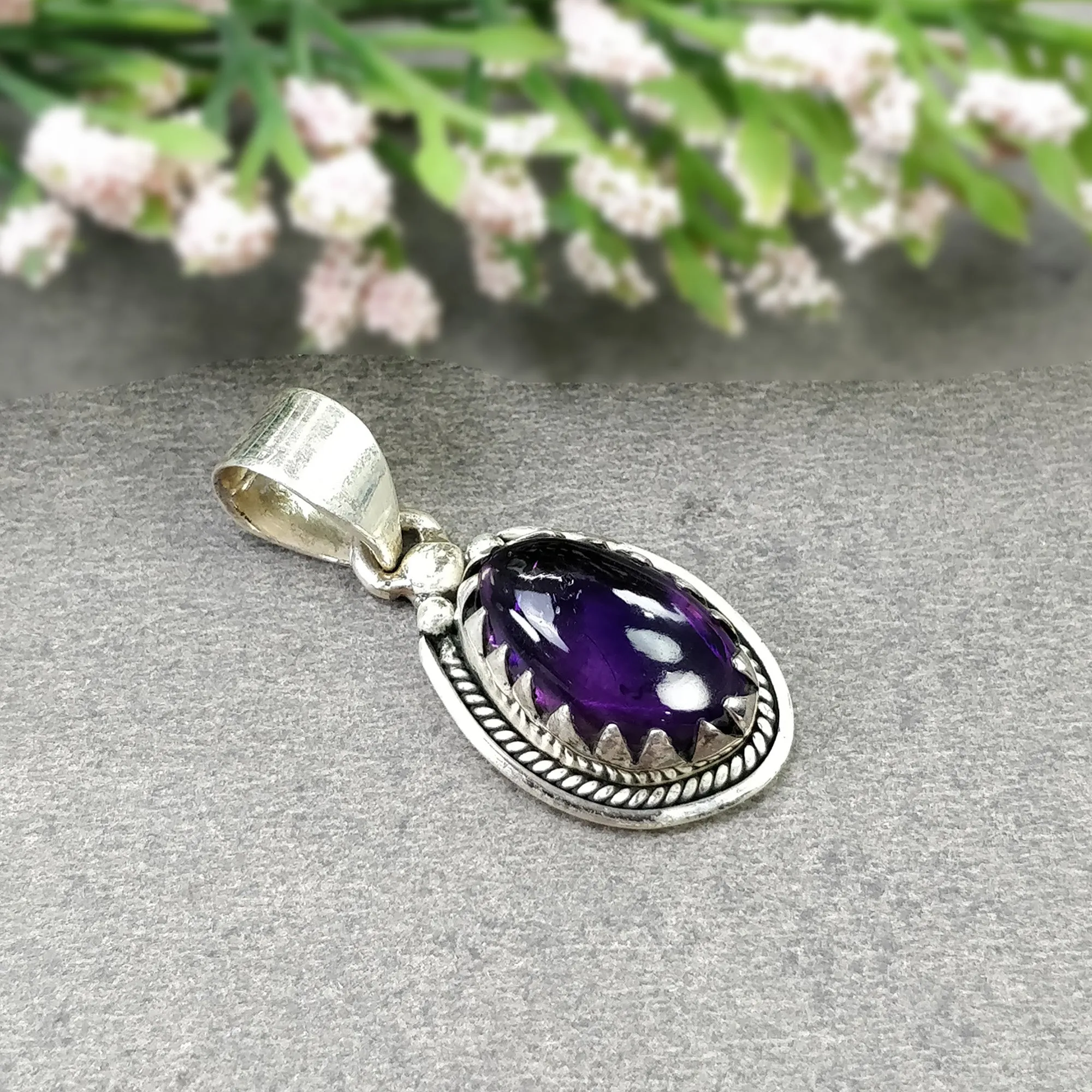 AMETHYST Gemstone 925 Sterling Silver Pendant : 5.280gms Natural Untreated Purple Amethyst Cabochon Bezel Set Pendant 1.5"