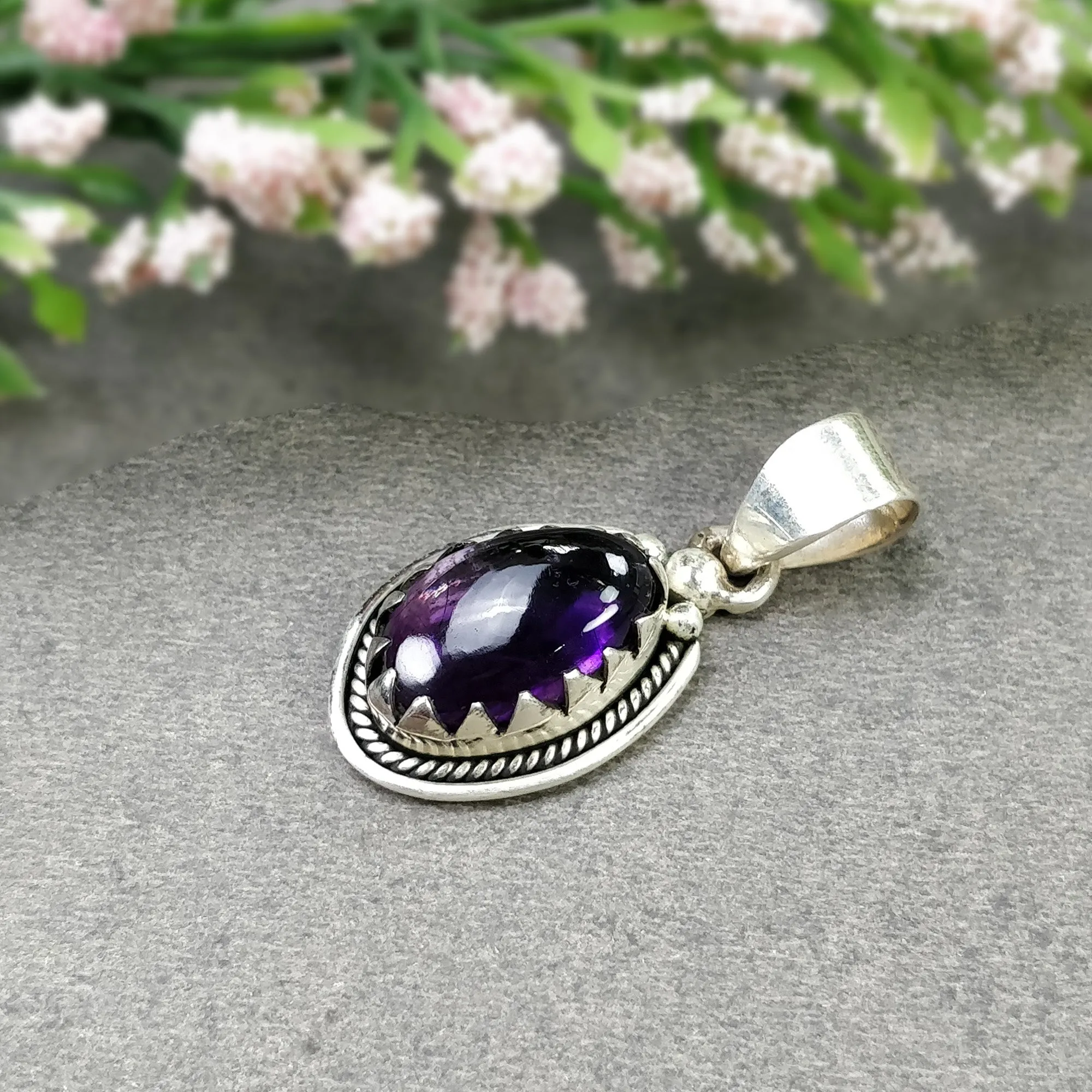 AMETHYST Gemstone 925 Sterling Silver Pendant : 5.280gms Natural Untreated Purple Amethyst Cabochon Bezel Set Pendant 1.5"