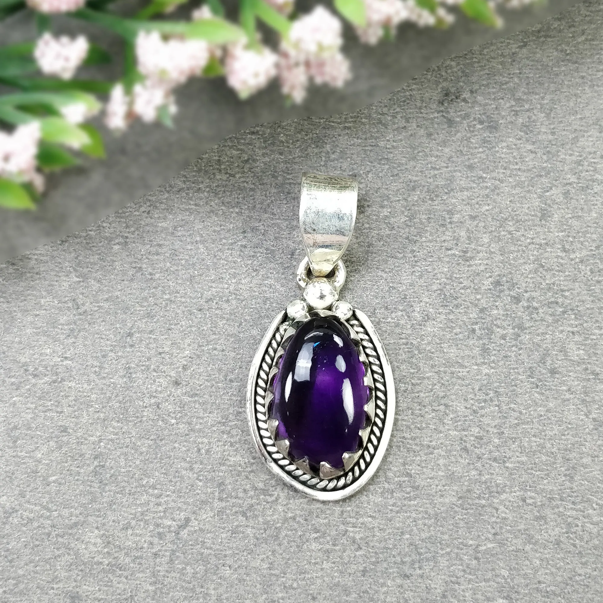 AMETHYST Gemstone 925 Sterling Silver Pendant : 5.280gms Natural Untreated Purple Amethyst Cabochon Bezel Set Pendant 1.5"