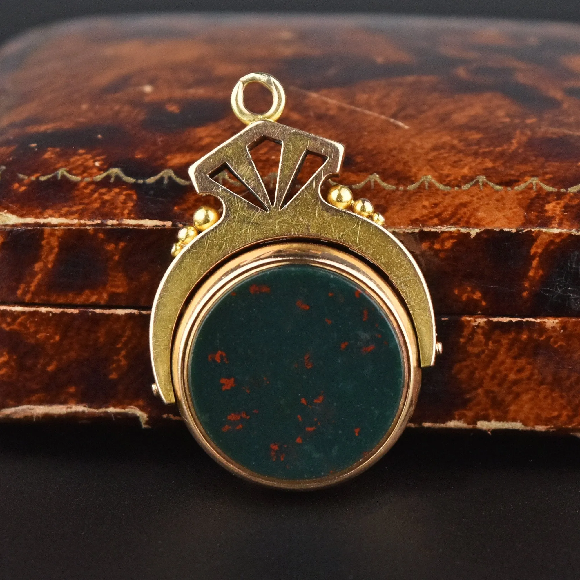 Antique Victorian 15K Gold Spinner Watch Fob, Bloodstone Carnelian