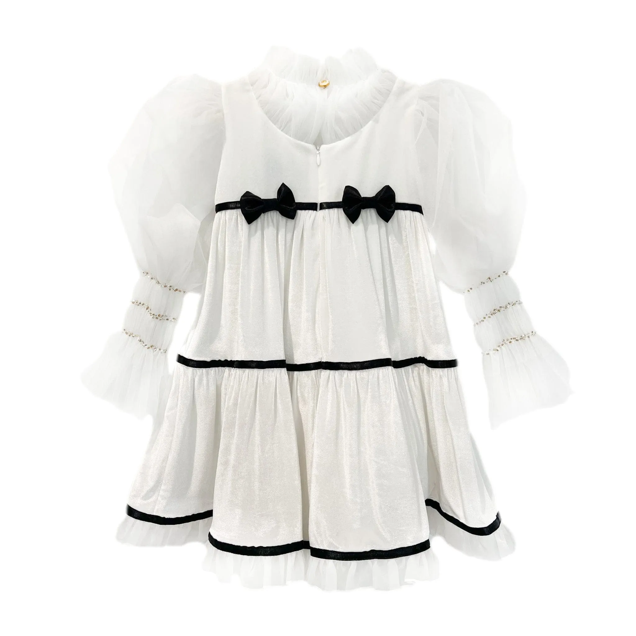 Aurora Ivory Velour Dress with Tulle Puff Sleeves