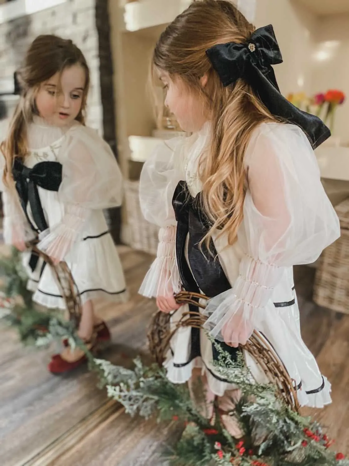 Aurora Ivory Velour Dress with Tulle Puff Sleeves