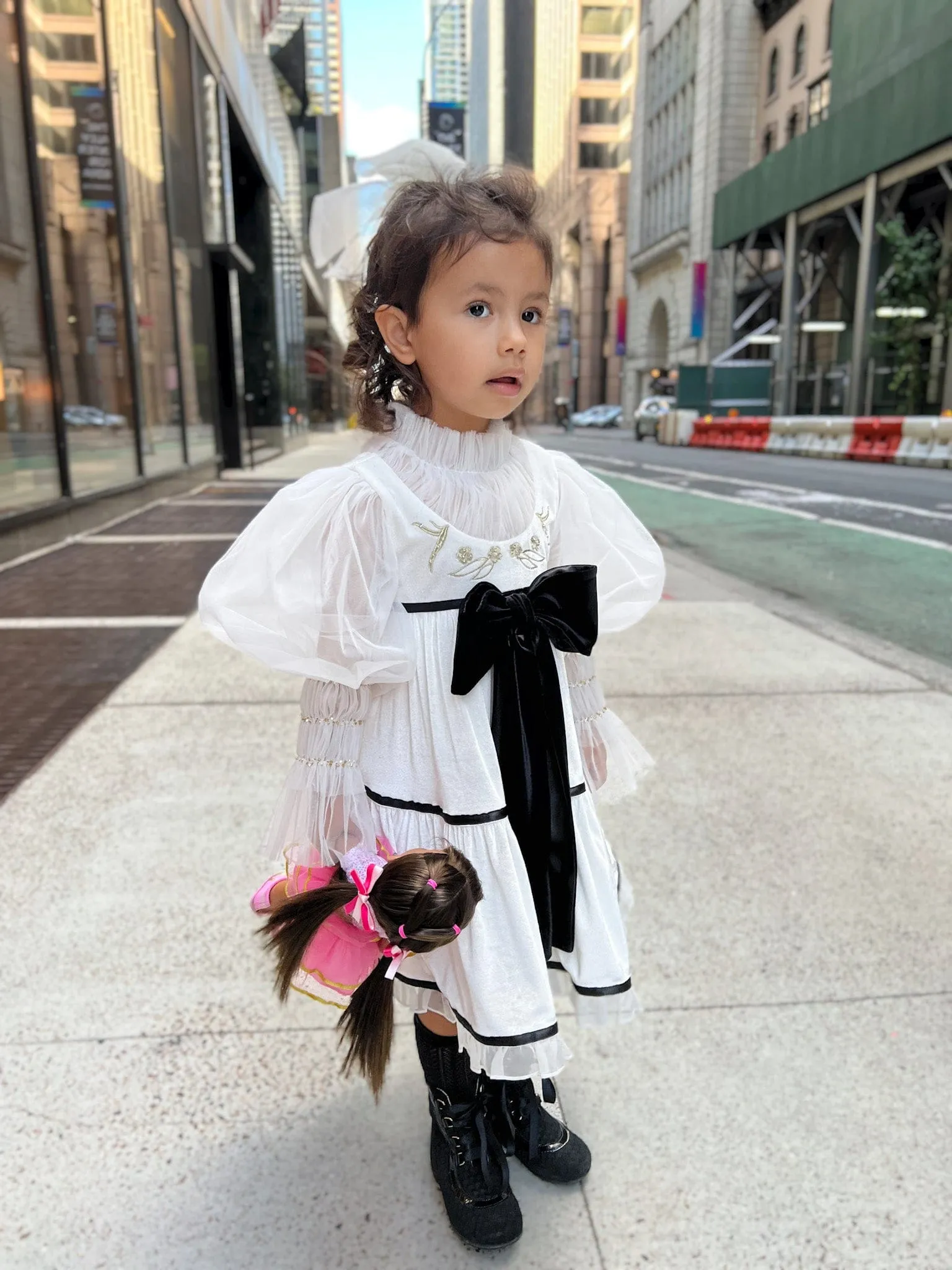 Aurora Ivory Velour Dress with Tulle Puff Sleeves