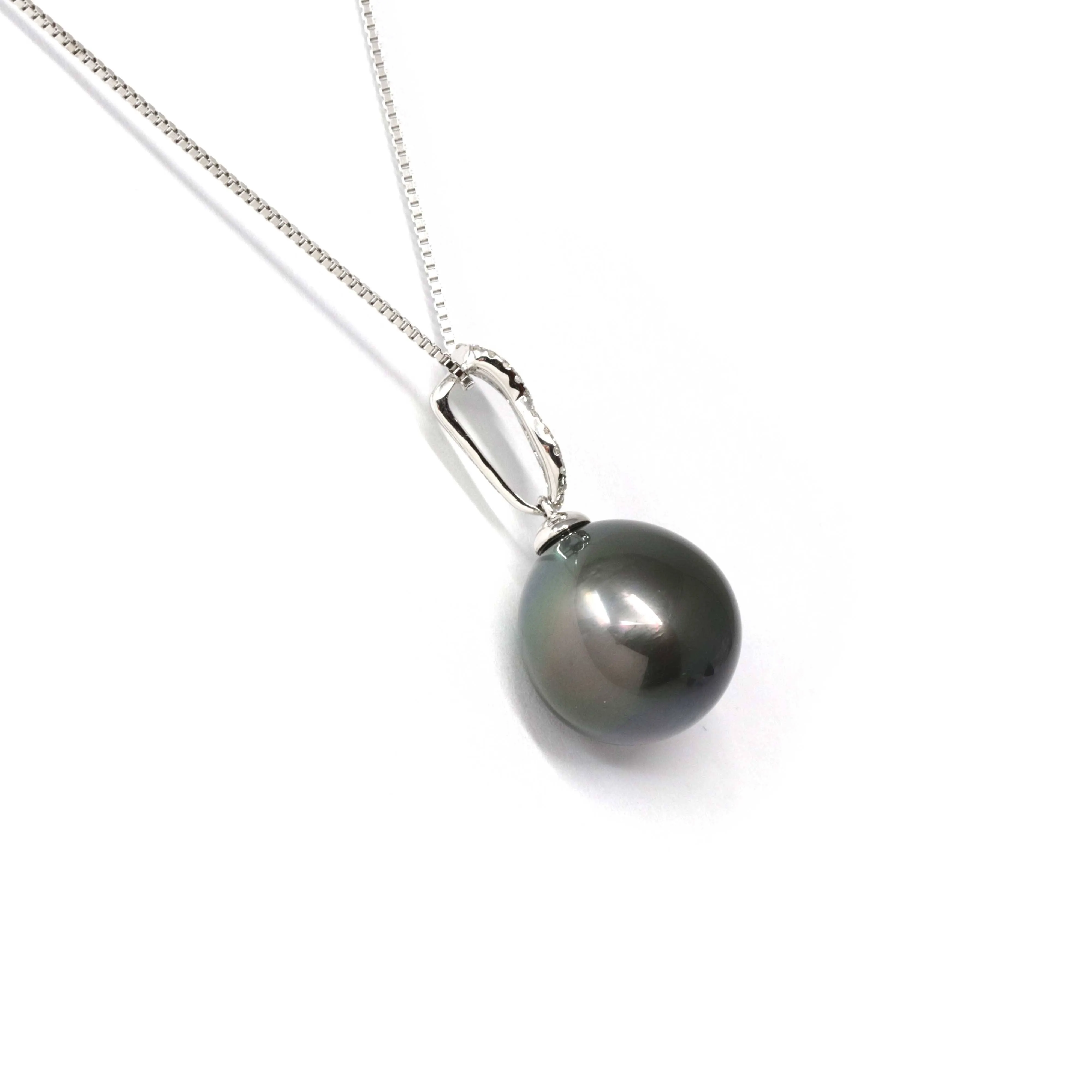 Baikalla Jewelry? 18k Gold Round Black Tahitian South Sea Cultured Pearl & Diamond Michelle Pendant Necklace for Women in AAA Quality