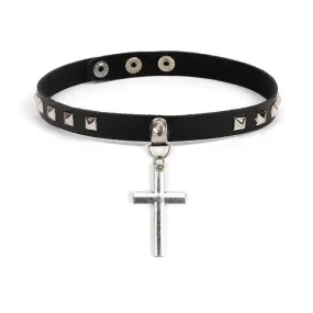 Black Leather Gothic Cross Choker Necklace