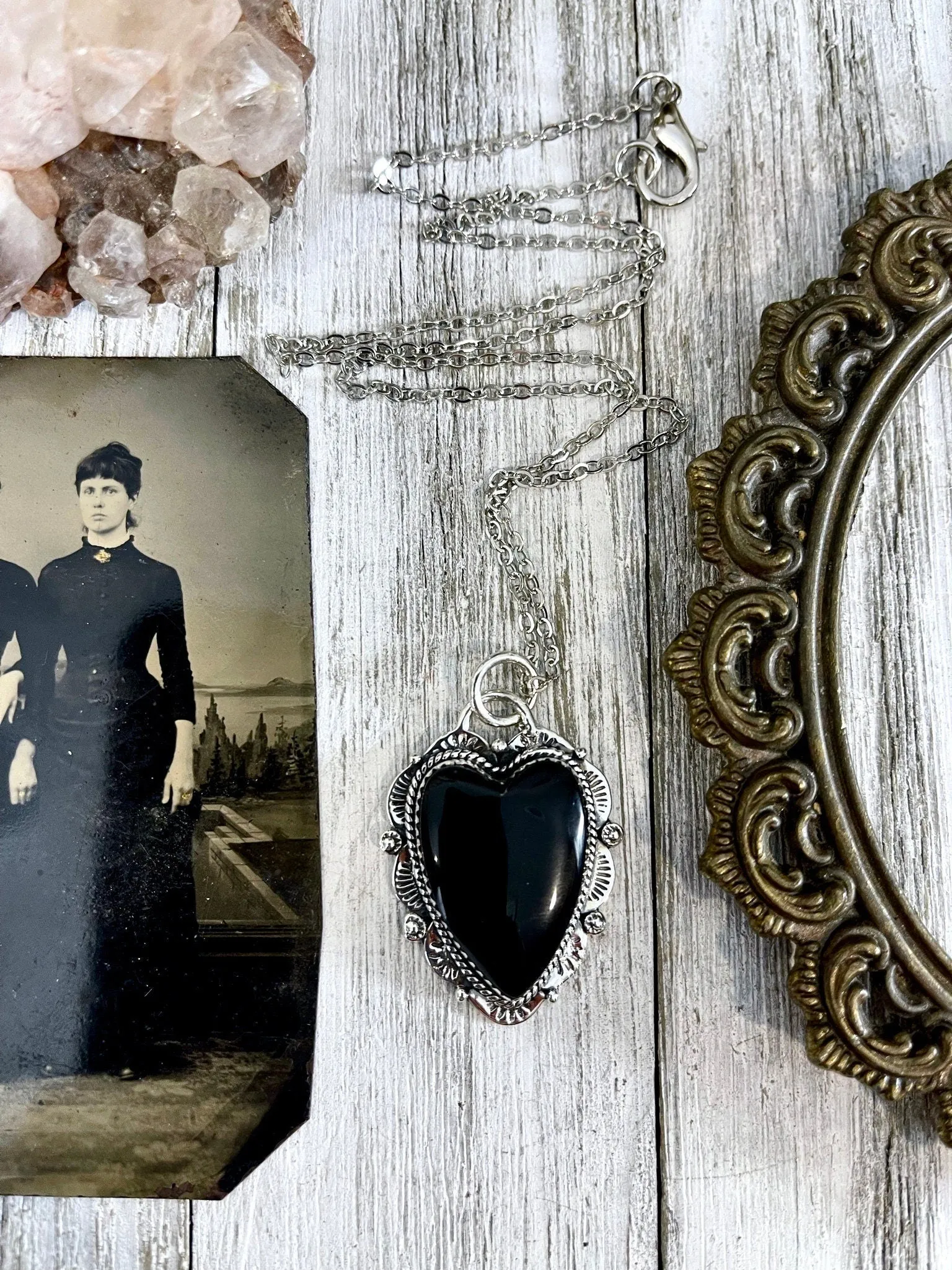 Black Onyx Crystal Heart Necklace in Sterling Silver  -Designed by FOXLARK Collection / Witchy Necklace Goth Jewelry