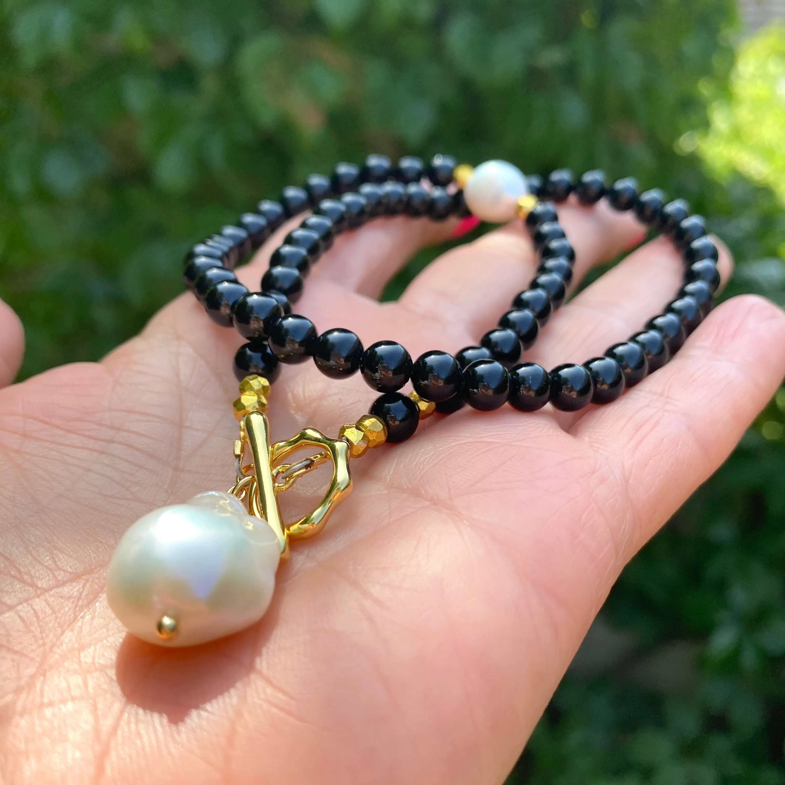 Black Onyx, Gold Pyrite & Genuine Baroque Pearl Necklace, 18- 21inches