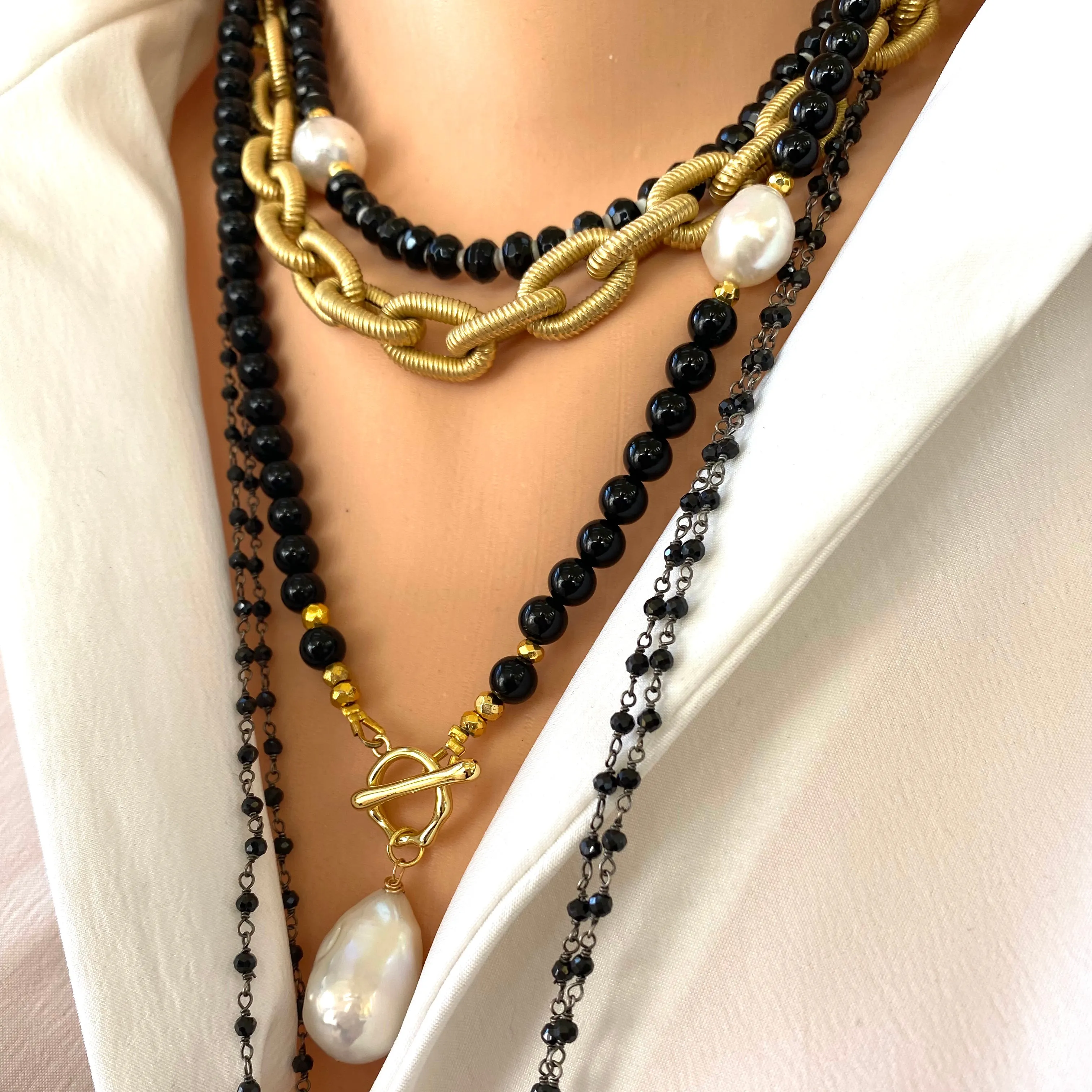 Black Onyx, Gold Pyrite & Genuine Baroque Pearl Necklace, 18- 21inches