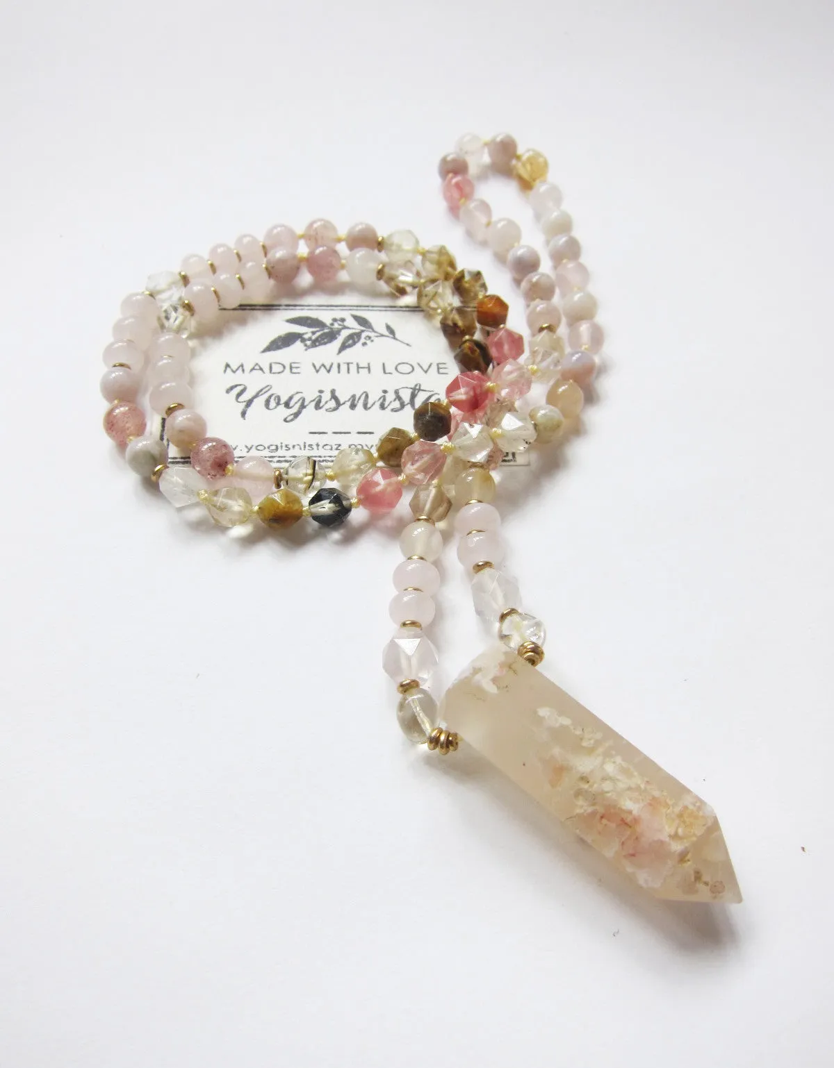 Bohemian Sakura Cherry Blossom Mala Necklace in matching Flower Agate Pendant Point