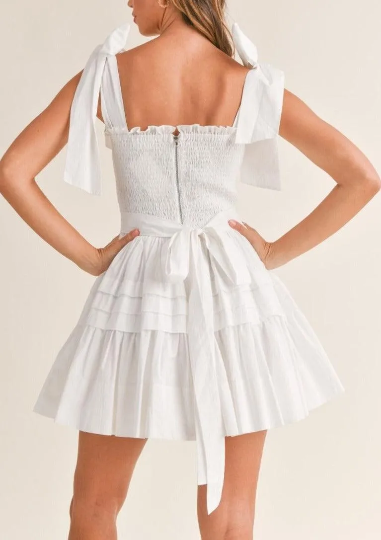 Bow Tie Shoulder Pintuck Mini Dress