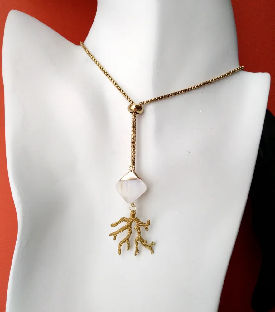 Branch Coral with White Square Mother of Pearl Slider Necklace all