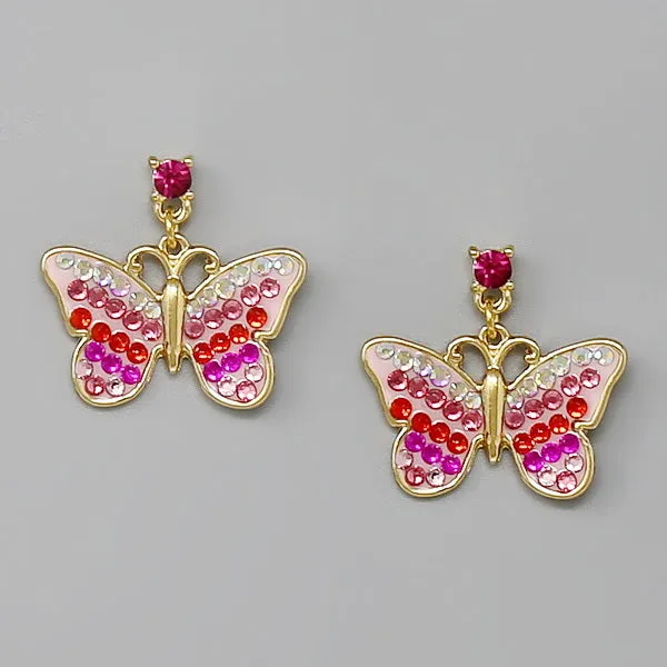 Butterfly Glass Stone Pave Dangle Earrings