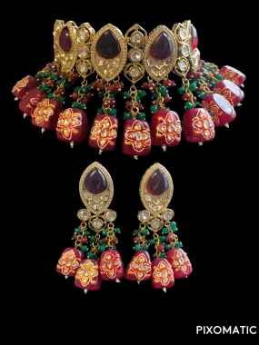 C131 Nidhi polki choker set with red meenakari beads  (READY TO SHIP )