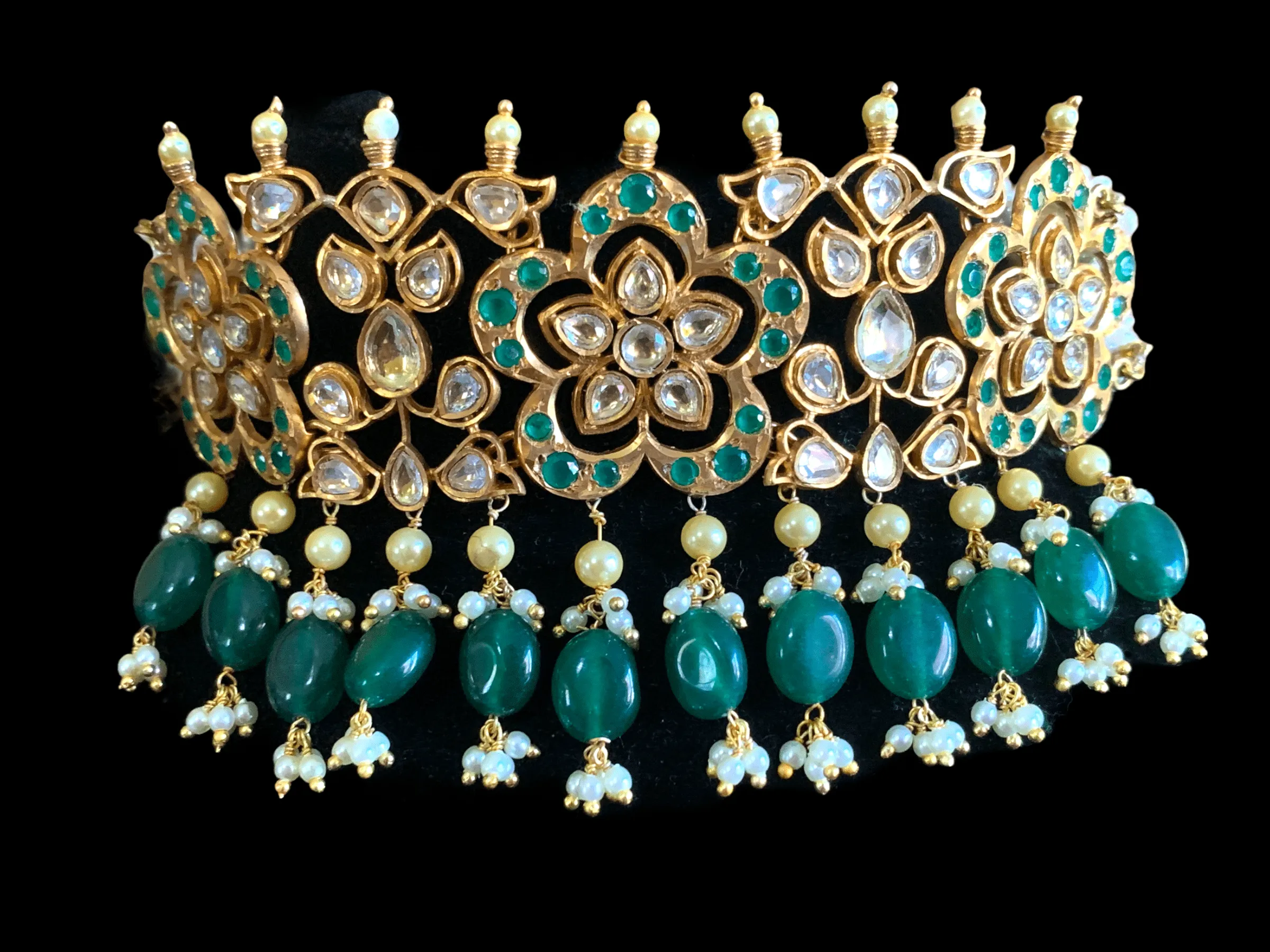 C136 Miraal green gold plated polki choker set ( READY TO SHIP )