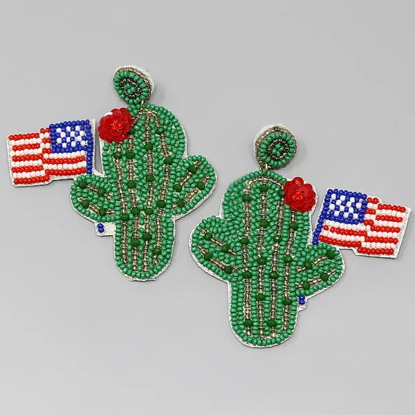 Cactus American Flag Seed Beaded Earrings