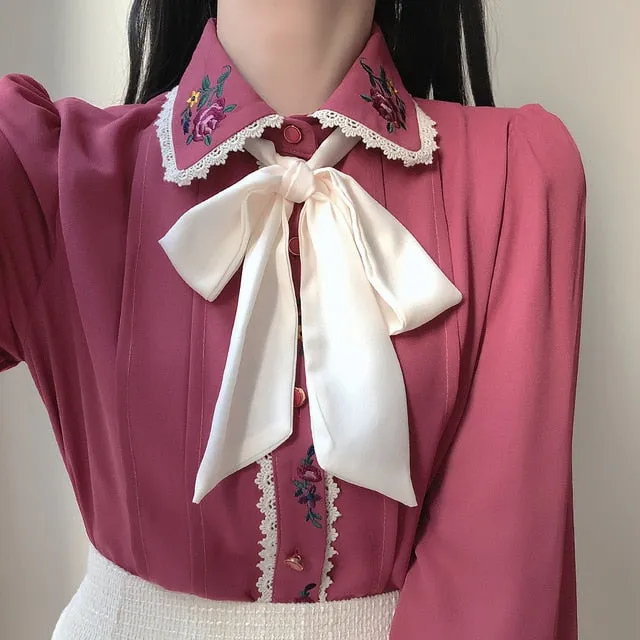 Celestia Vintage-Aesthetic Flower Embroidered Chiffon Shirt