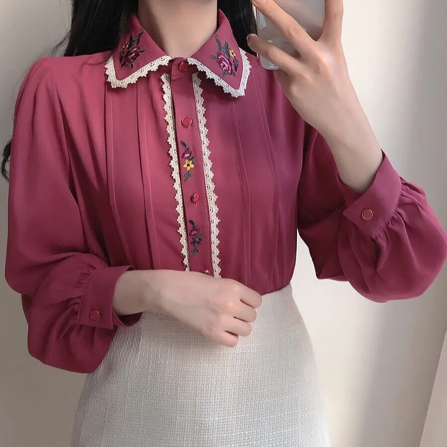 Celestia Vintage-Aesthetic Flower Embroidered Chiffon Shirt