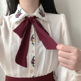 Celestia Vintage-Aesthetic Flower Embroidered Chiffon Shirt