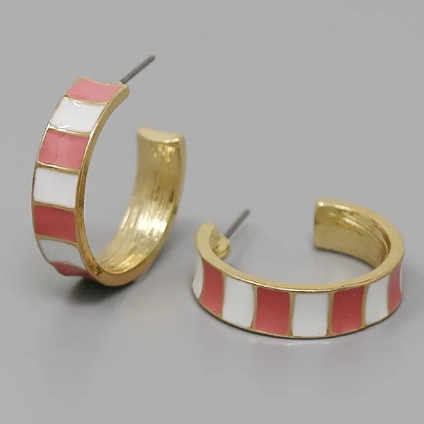 Check Print Enamel Hoop Earrings