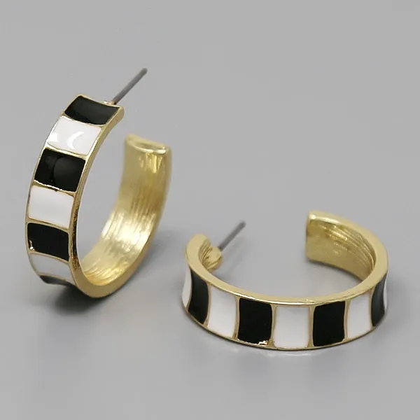 Check Print Enamel Hoop Earrings