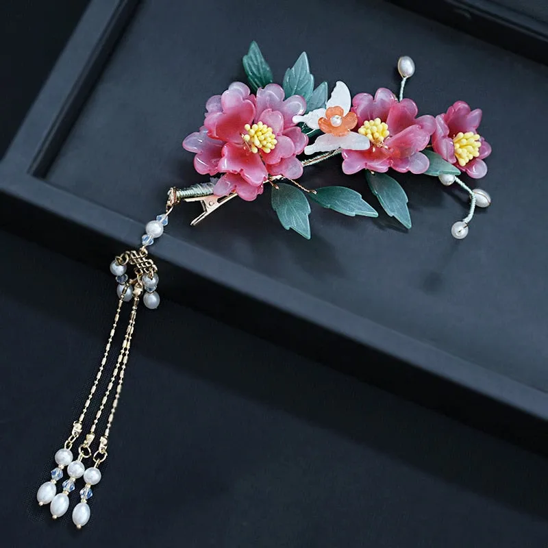 Coral Pink Floral Pearl Jade Petals Tassel Bridal Wedding Hair Clip