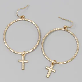 Cross Charm Metal Hoop Drop Earrings