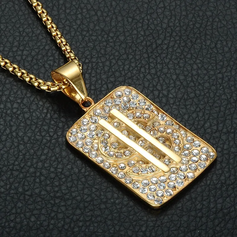 Crystal-Studded Gold-Plated US Dollar Money Bling 316L Stainless Steel Hip-hop Pendant Necklace