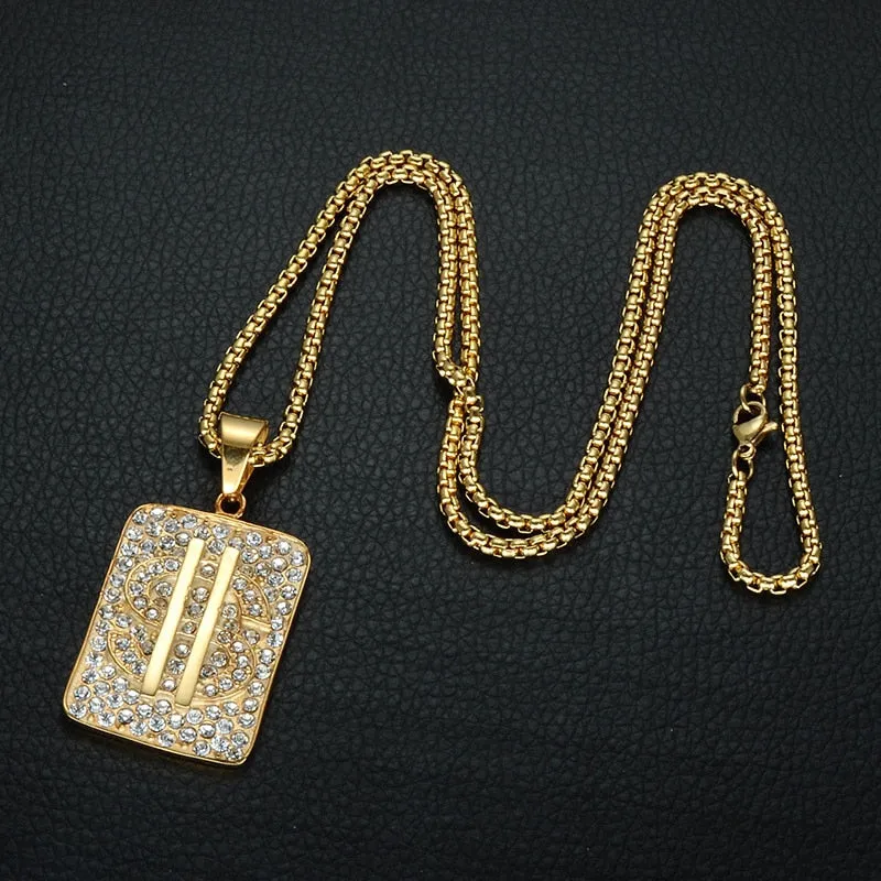 Crystal-Studded Gold-Plated US Dollar Money Bling 316L Stainless Steel Hip-hop Pendant Necklace