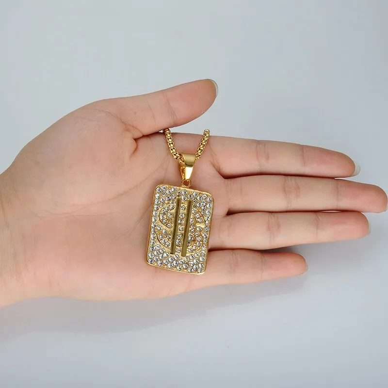 Crystal-Studded Gold-Plated US Dollar Money Bling 316L Stainless Steel Hip-hop Pendant Necklace