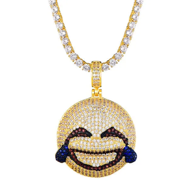 Cubic-Zirconia-Studded Gold-Plated Emoticon Bling Hip-hop Pendant Necklace