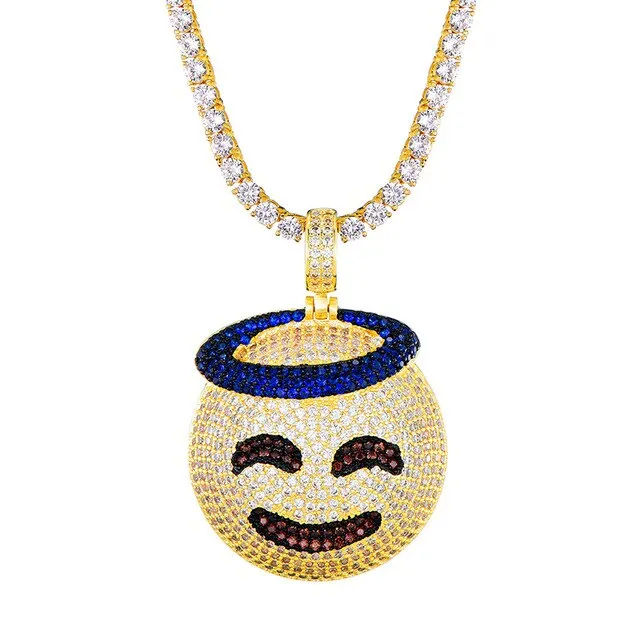 Cubic-Zirconia-Studded Gold-Plated Emoticon Bling Hip-hop Pendant Necklace