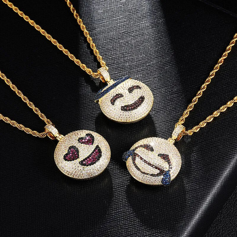 Cubic-Zirconia-Studded Gold-Plated Emoticon Bling Hip-hop Pendant Necklace