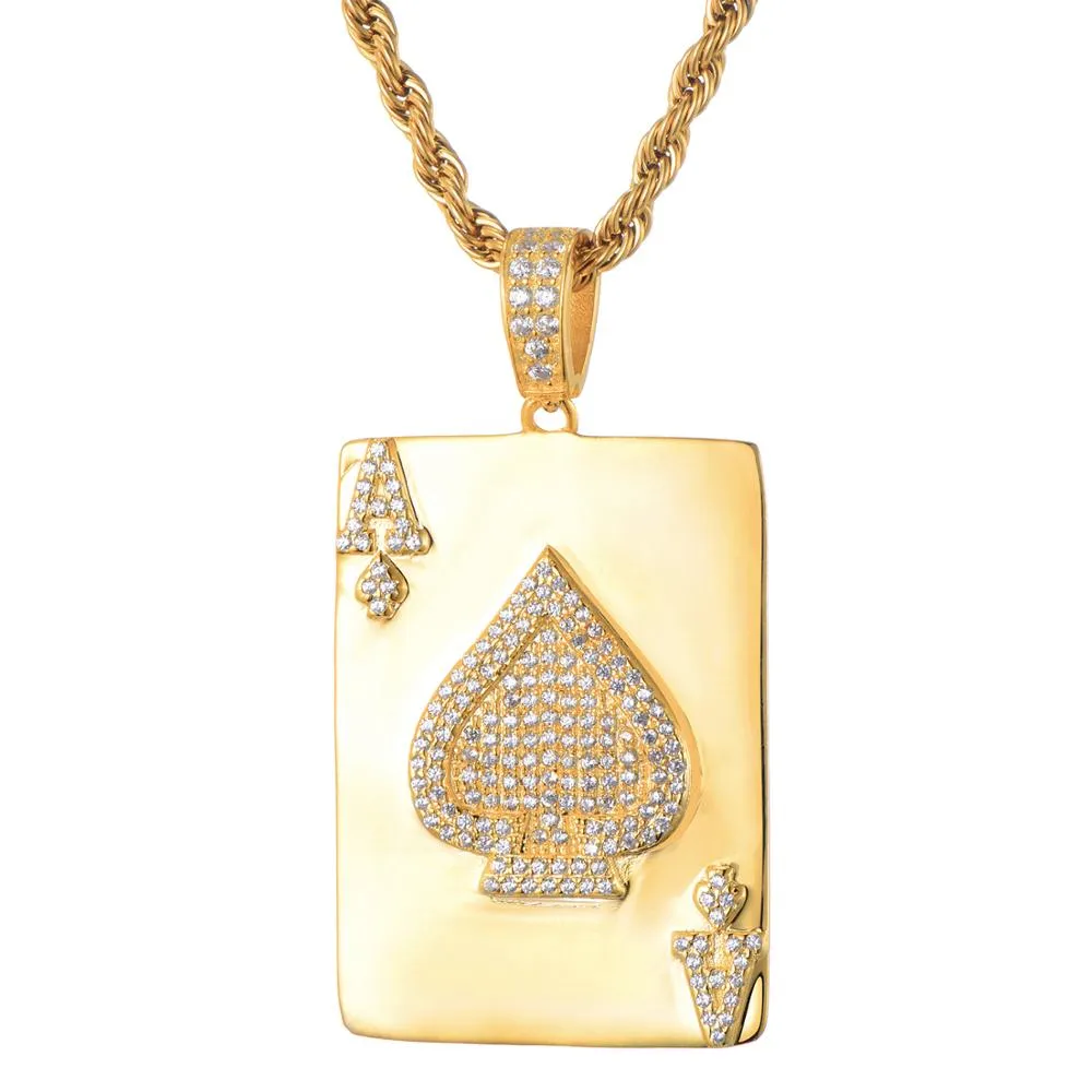 Cubic-Zirconia-Studded Poker Ace of Spades Bling Hip-hop Pendant Necklace