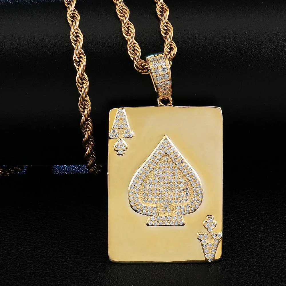 Cubic-Zirconia-Studded Poker Ace of Spades Bling Hip-hop Pendant Necklace