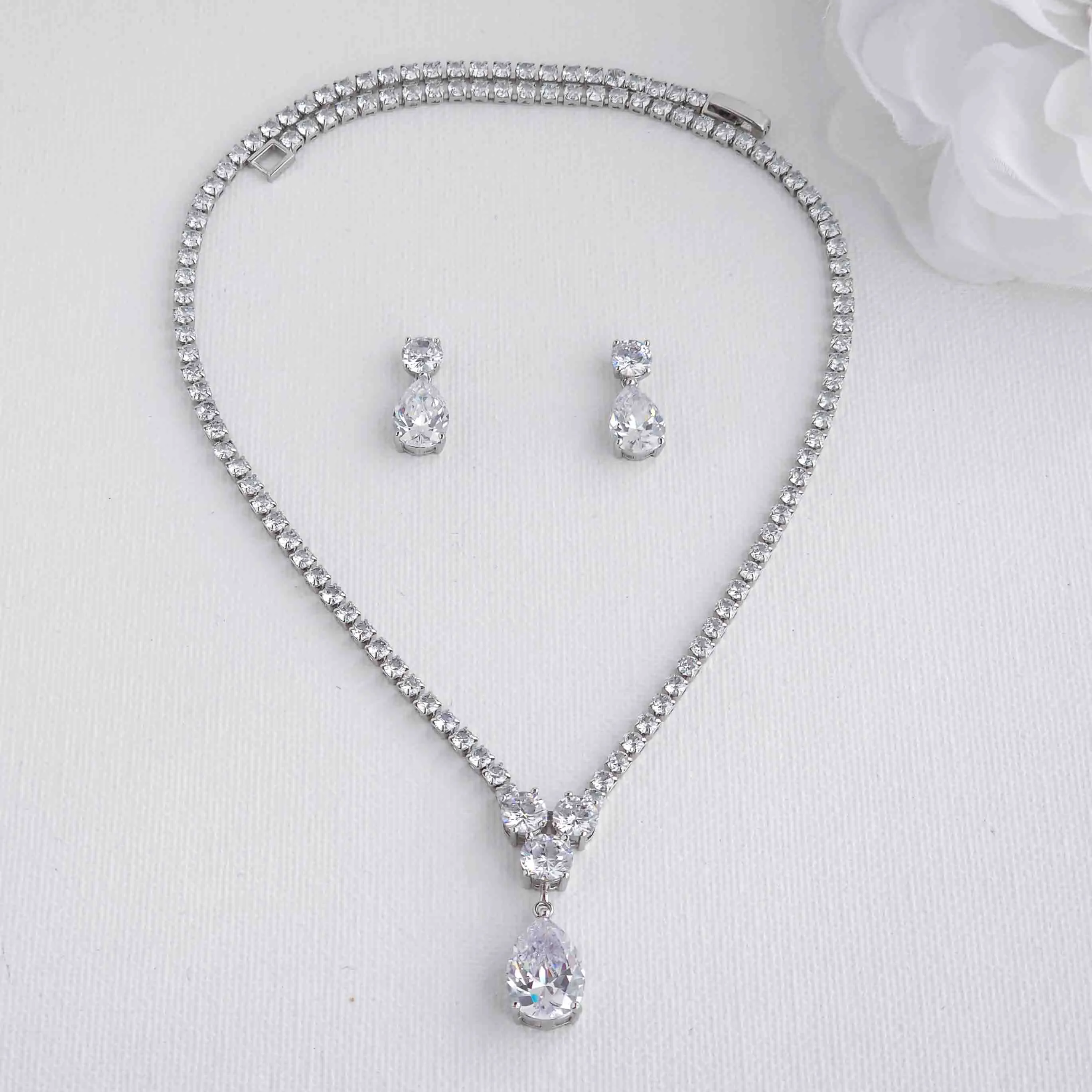 Cubic Zirconia Wedding Necklace in Silver Plating-Diane