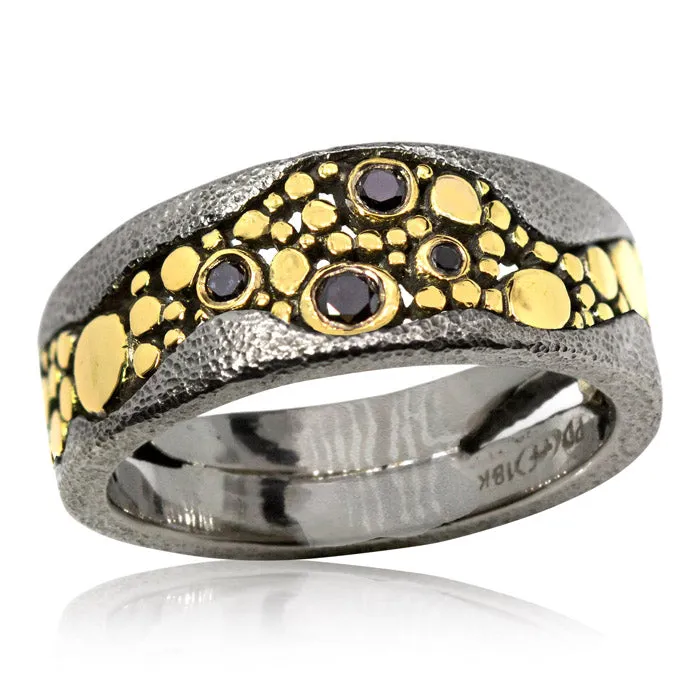 Custom Narrow Tapered River Pebbles Ring with Black Diamonds