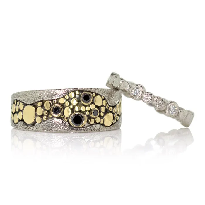 Custom Narrow Tapered River Pebbles Ring with Black Diamonds