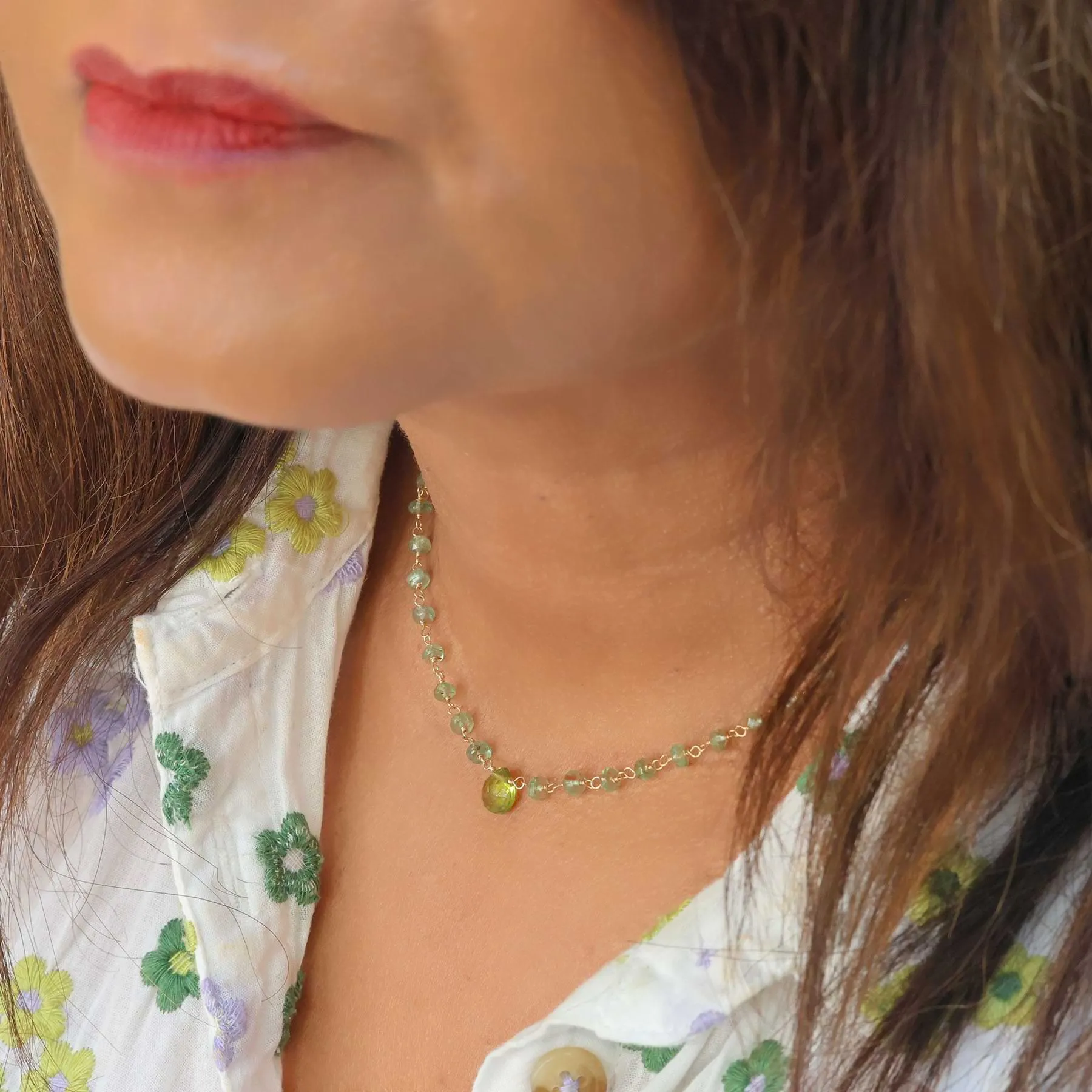 Delicate Green Kyanite and Peridot Gold Necklace