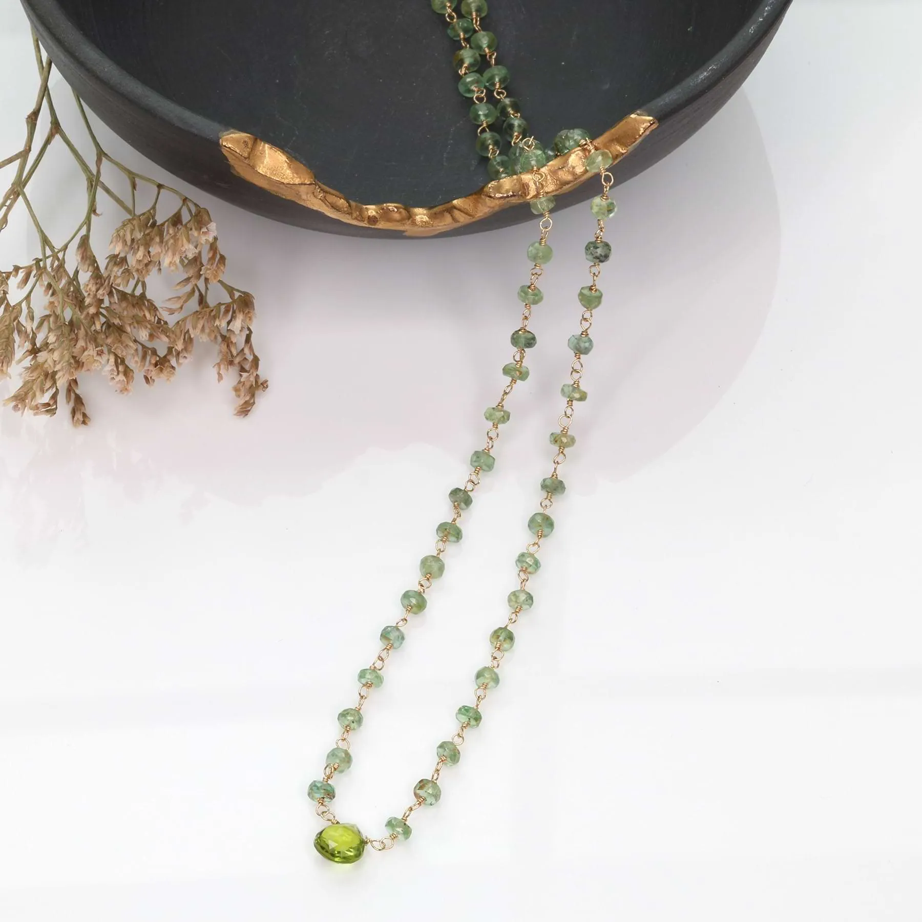 Delicate Green Kyanite and Peridot Gold Necklace